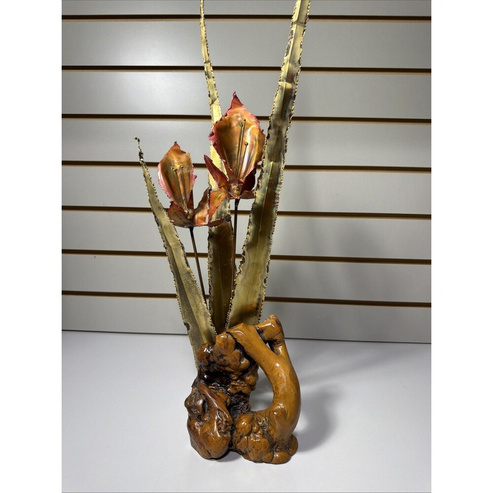 Brutalist Brass Copper Lilies On Burl Wood Stand Mid Century Vintage MCM Floral